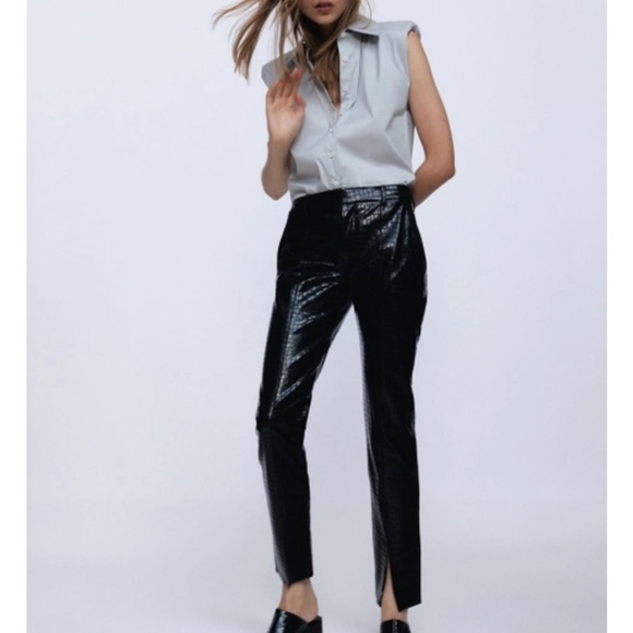 ZARA TROUSERS CROCO ANIMAL EFFECT FAUX LEATHER PANTS BLACK - Picture 6 of 8